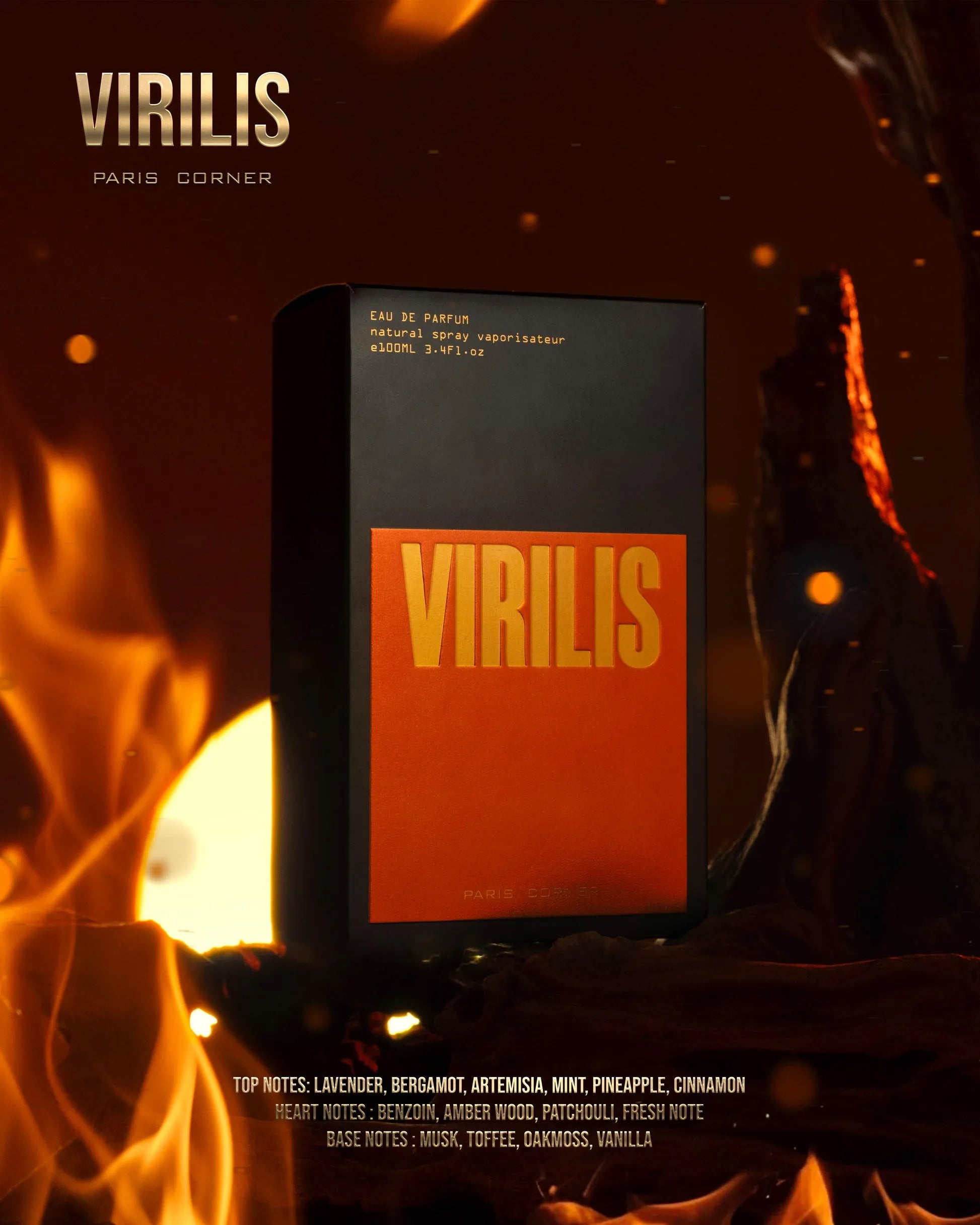 Virilis perfume with notes of lavender, bergamot, patchouli, toffee, and vanilla – amber woody masculine fragrance